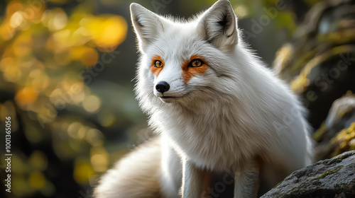 Majestic White Fox in Forest Setting, Golden Hour Light, Captivating Wildlife Portrait, Nature Themed Fantasy Scene, Enchanting Autumn Background, Eye-Catching Woodland Creature Display