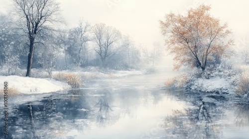 Snowy winter scene with moonlit trees and falling snow