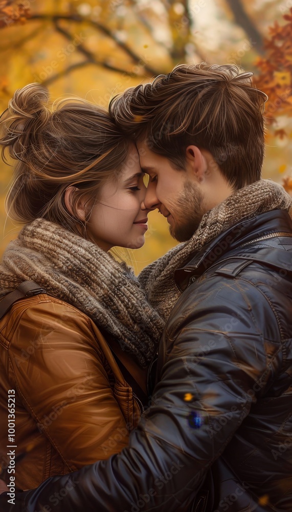 Romantic embrace of a couple in a beautiful autumn park capturing love and happiness together Romantic embrace of a couple in a beautiful autumn park capturing love and happiness together