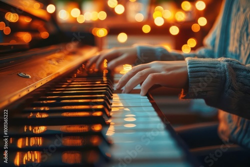 Close-up of hands playing a piano with warm bokeh lights in the background.
