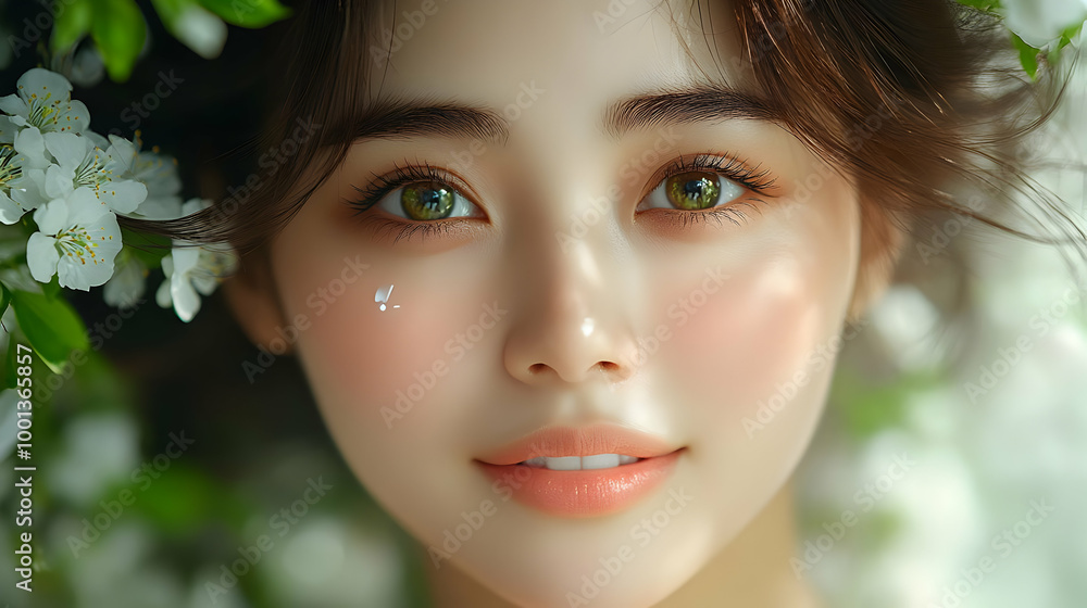 Close-Up Portrait of a Woman with Flowers, Spring Beauty, Beautiful Eyes, Soft Skin, Natural Glow Close-Up Portrait of a Woman with Flowers, Spring Beauty, Beautiful Eyes, Soft Skin, Natural Glow