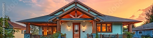 Cozy urban craftsman home in soft seafoam, featuring detailed wooden elements, a spacious porch, and a sunset background.