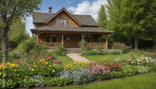 A charming wooden house surrounded by vibrant flowers and lush greenery in a sunny garden setting