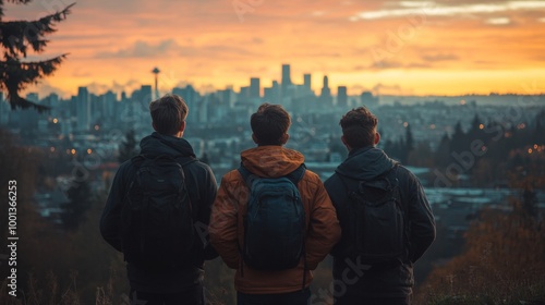 Three Friends Watching Seattle Skyline at Sunset