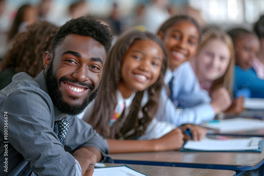 Smiling Teacher Leading Classroom with Students Eager to Learn Smiling Teacher Leading Classroom with Students Eager to Learn