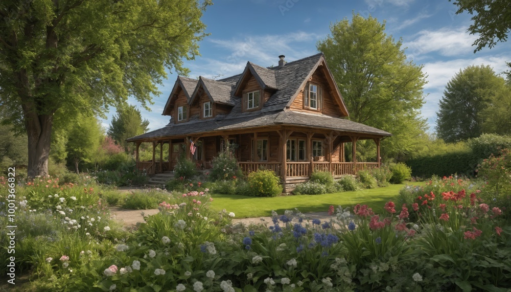 A charming wooden house surrounded by vibrant flowers and lush greenery in a sunny garden setting A charming wooden house surrounded by vibrant flowers and lush greenery in a sunny garden setting