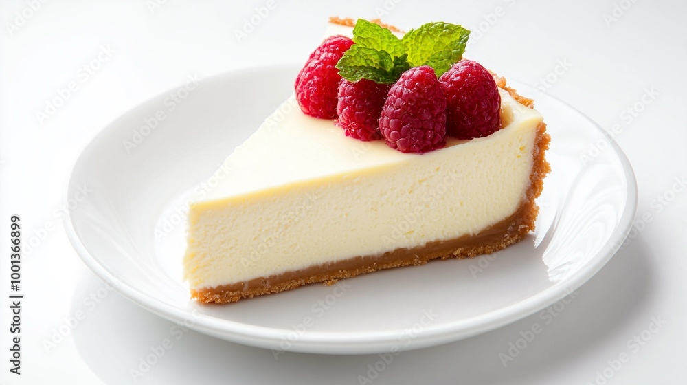Delicious cheesecake slice topped with fresh raspberries and mint leaves, served on a white plate, perfect for dessert lovers. Delicious cheesecake slice topped with fresh raspberries and mint leaves, served on a white plate, perfect for dessert lovers.