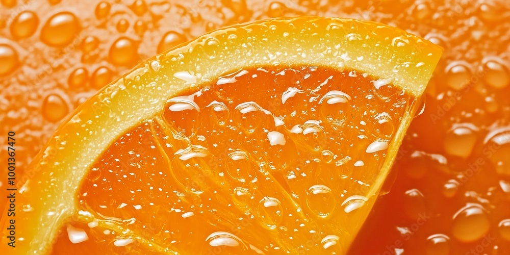 Juicy orange slice, covered with fresh water droplets, in high resolution close-up. Juicy orange slice, covered with fresh water droplets, in high resolution close-up.
