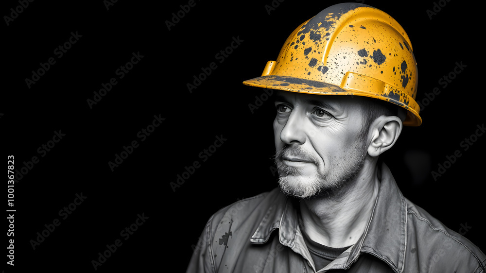 Dirty coal miner in a yellow hard hat on a dark background in a black and white photo. Generative AI Dirty coal miner in a yellow hard hat on a dark background in a black and white photo. Generative AI