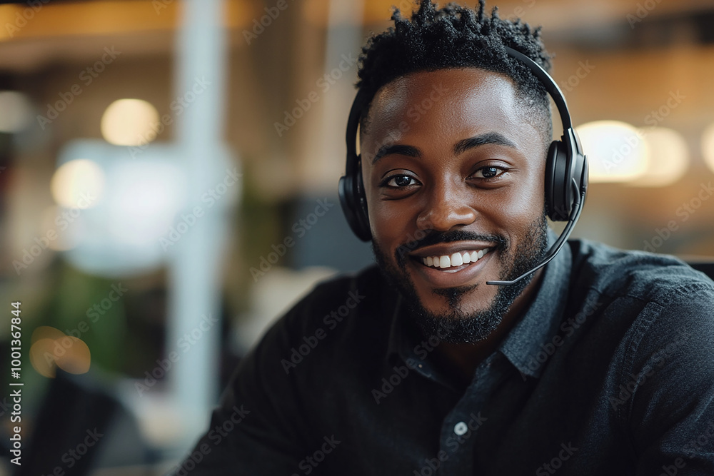 Portrait of smiling african american customer care service with headset attending calls in office. Black mature telemarketing agent working in call center with copy space Portrait of smiling african american customer care service with headset attending calls in office. Black mature telemarketing agent working in call center with copy space