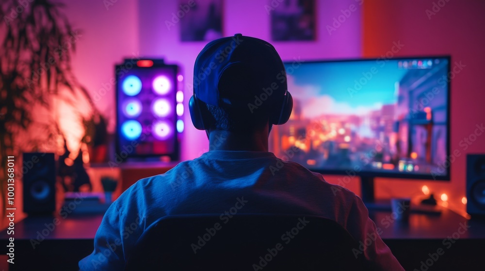 Gamer immersed in colorful setup Gamer immersed in colorful setup