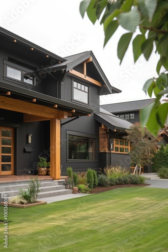 Cozy urban craftsman home in deep charcoal, showcasing detailed wood trim, a well-kept lawn, and an overcast sky.