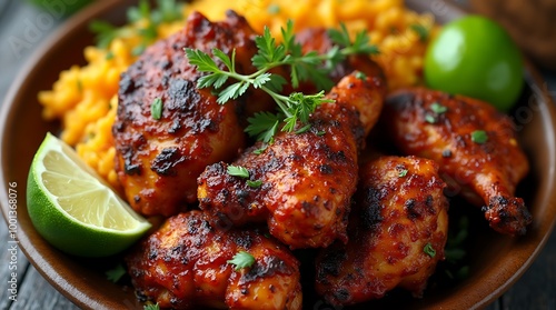 Jamaican Jerk Chicken with Rice and Peas in a Traditional Caribbean Style photo