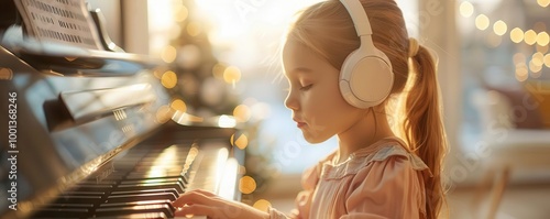 Young girl wearing headphones at a piano.