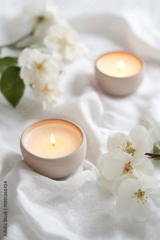 Lit candles romantically illuminate soft white flowers, creating a warm, soothing atmosphere ideal for reflection and peace. Lit candles romantically illuminate soft white flowers, creating a warm, soothing atmosphere ideal for reflection and peace.
