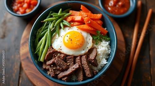 Korean Bibimbap with Vegetables and Fried Egg in a Traditional Bowl photo