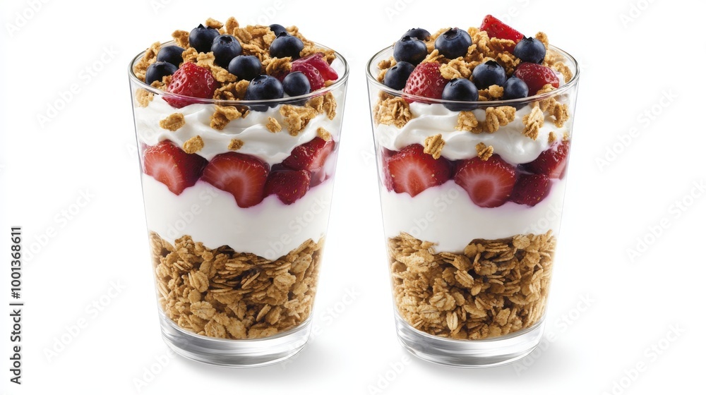 Fresh Parfait with Yogurt, Granola, and Berries isolated in white background Fresh Parfait with Yogurt, Granola, and Berries isolated in white background