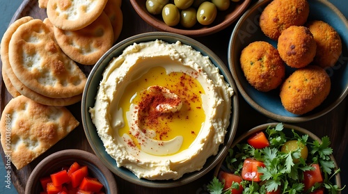 Lebanese Mezze Platter with Hummus, Falafel, and Fresh Pita Bread