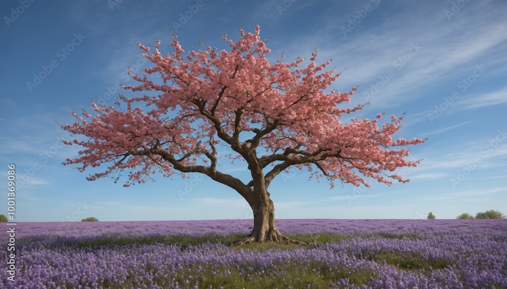 Blossoming cherry tree stands majestically under a clear blue sky, vibrant pink flowers contrasting with green grass in springtime Blossoming cherry tree stands majestically under a clear blue sky, vibrant pink flowers contrasting with green grass in springtime