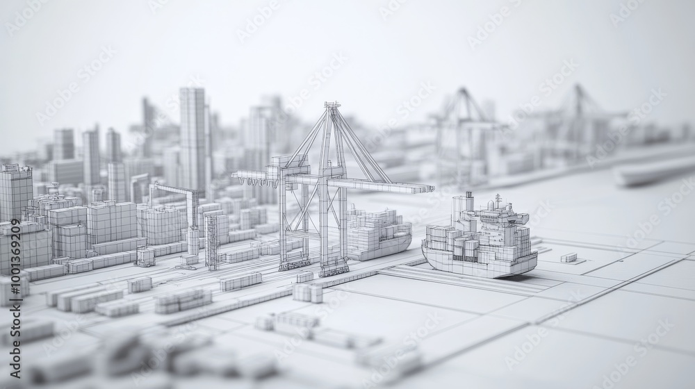 Obraz premium A minimalistic 3D representation of a bustling port city, featuring cranes, cargo ships, and modern skyscrapers in a monochrome design.