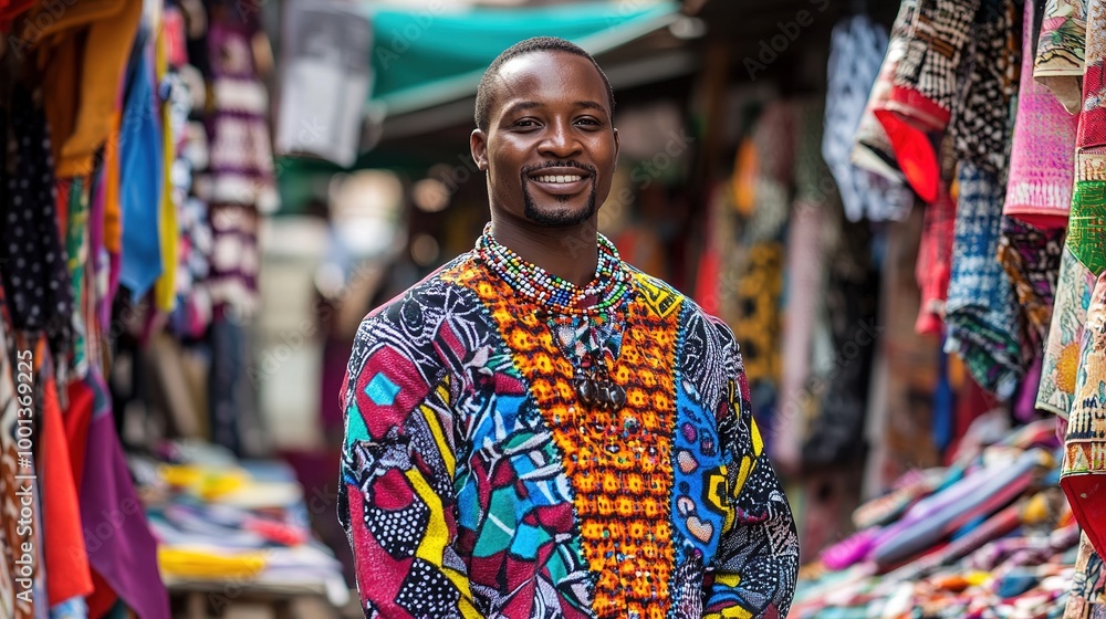 A man in a traditional South African shweshwe suit, standing in front of a vibrant market with colorful fabrics. A man in a traditional South African shweshwe suit, standing in front of a vibrant market with colorful fabrics.