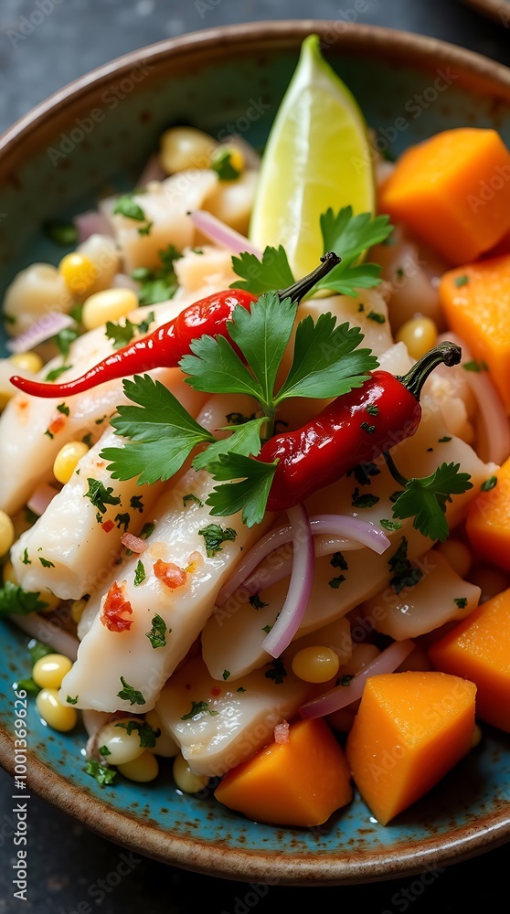 Peruvian Ceviche with Lime and Sweet Potatoes in a Traditional Style Peruvian Ceviche with Lime and Sweet Potatoes in a Traditional Style