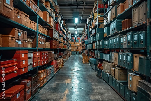 A large warehouse with many boxes and shelves