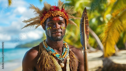 A man in a traditional Solomon Islands grass skirt and shell necklace, standing in front of a tropical beach with palm trees. photo