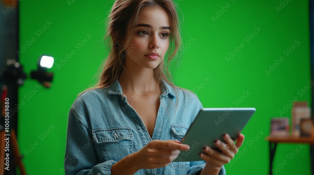 Young Woman Using Tablet in Studio with Green Screen Young Woman Using Tablet in Studio with Green Screen