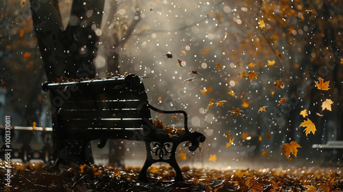 A medium close-up of a person sitting alone on a park bench, their face calm, surrounded by autumn leaves falling gently, symbolizing peaceful solitude. photo