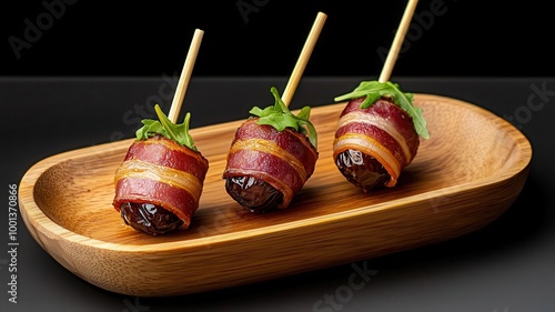 Bacon-wrapped dates with a sweet glaze, served hot and crispy, perfect party appetizers