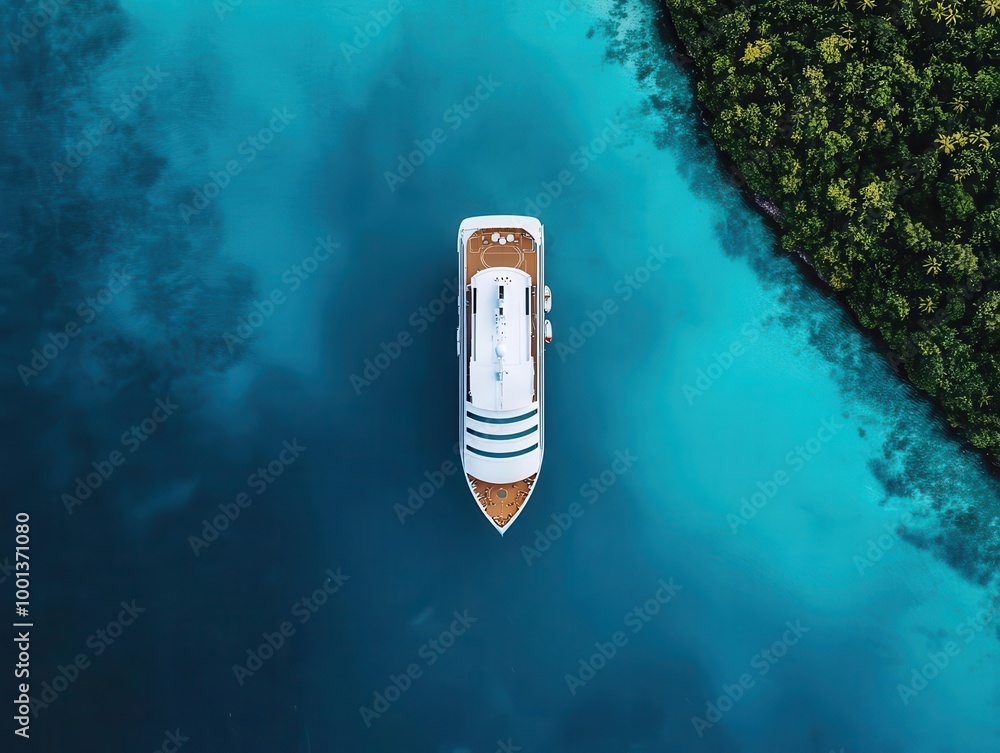 Cruise ship docked at a peaceful lagoon with crystal-clear waters and white sand, peaceful lagoon, idyllic setting Cruise ship docked at a peaceful lagoon with crystal-clear waters and white sand, peaceful lagoon, idyllic setting