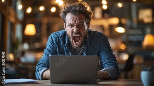 A man is sitting at a table with a laptop in front of him, yelling into it