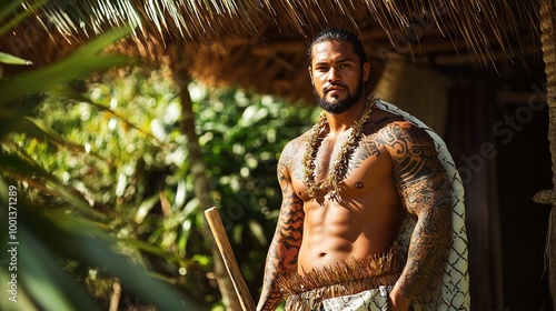 A man in a traditional Samoan tatau outfit, standing in front of a traditional Samoan fale with lush tropical vegetation. photo