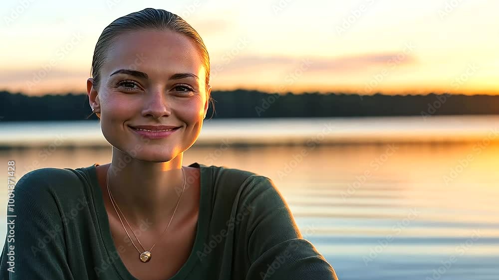 A young woman who has lost her hair from chemotherapy, sitting by a serene lake at sunset, with a peaceful smile, reflecting her strength