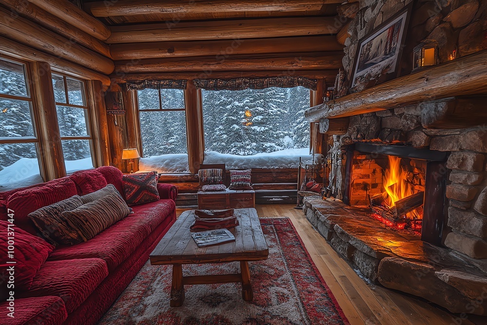Cozy cabin living room with a fireplace, red sofa, and a view of a snowy forest outside. Cozy cabin living room with a fireplace, red sofa, and a view of a snowy forest outside.