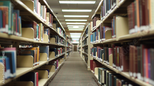 A medium close-up of an empty library aisle, with neatly arranged books on the shelves and a warm reading light glowing softly in the distance.