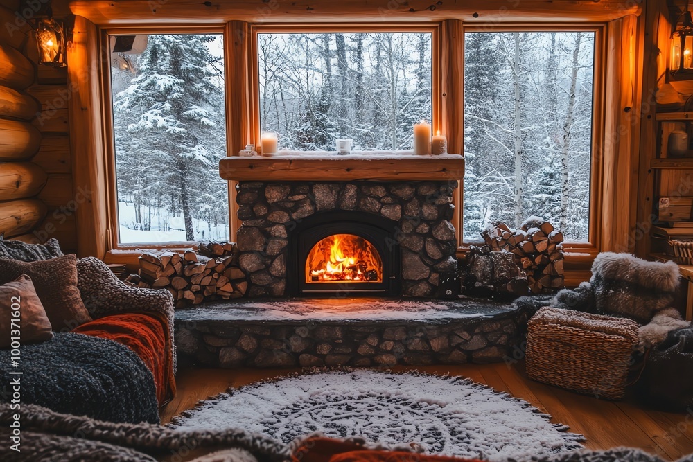 Cozy cabin living room with a fireplace, wood-burning stove, and a ...