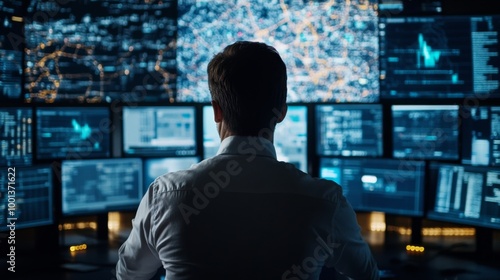 Man in front of multiple monitors in a data center