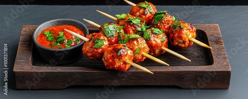 Mini meatballs on skewers with tangy glaze, served warm on a rustic tray, party-ready bites