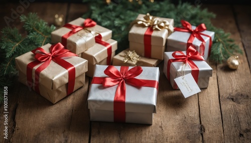 Delightful holiday gifts wrapped in gold and silver paper with red ribbons, beautifully arranged on rustic wooden table