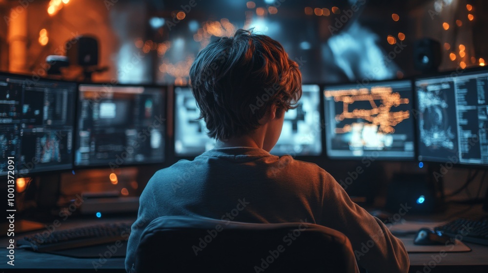 Young Hacker in Front of Multiple Computer Screens Young Hacker in Front of Multiple Computer Screens