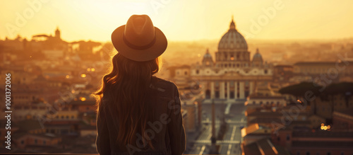 A woman admires the sunset over Vatican City from a scenic viewpoint in Rome during the golden hour of the evening