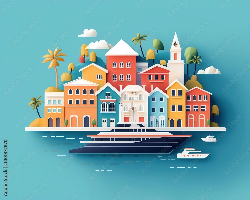 Obraz premium Cruise ship docked at a vibrant island town, with colorful houses and bustling streets, island town, vibrant atmosphere