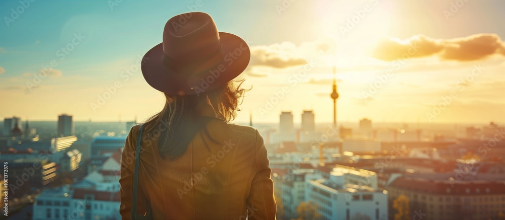 © Татьяна Кузнецова - A woman gazes at the Berlin skyline during sunset, appreciating the beauty and serenity of the city © Татьяна Кузнецова - A woman gazes at the Berlin skyline during sunset, appreciating the beauty and serenity of the city