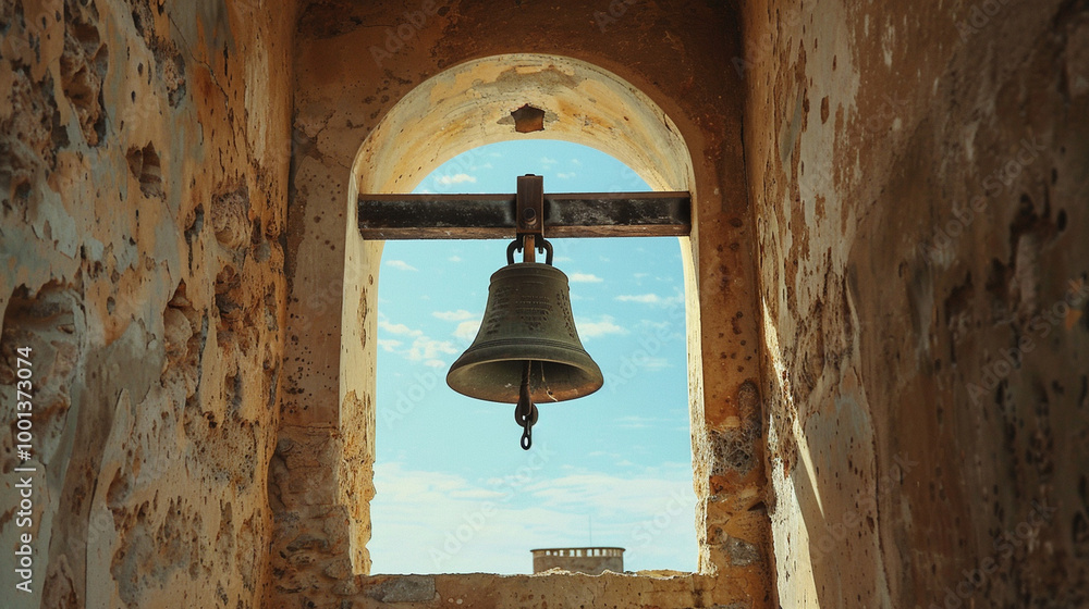 Obraz premium A solitary church bell hanging in a tower, with no sound or movement, waiting in the silence for its next ring.