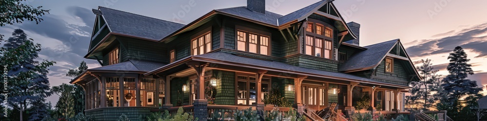 Cozy urban craftsman home in a deep hunter green, featuring intricate woodwork, a large front porch, and a backdrop of twilight sky. Cozy urban craftsman home in a deep hunter green, featuring intricate woodwork, a large front porch, and a backdrop of twilight sky.
