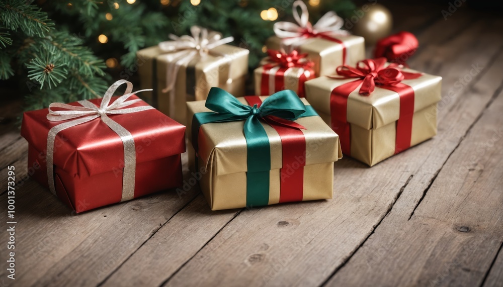 Enchanting holiday gifts wrapped in gold and red ribbon rest beneath a festive evergreen tree adorned with soft twinkling lights Enchanting holiday gifts wrapped in gold and red ribbon rest beneath a festive evergreen tree adorned with soft twinkling lights