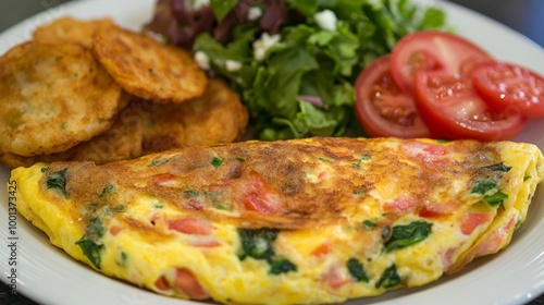 Delicious Breakfast with Omelet, Potatoes, and Salad