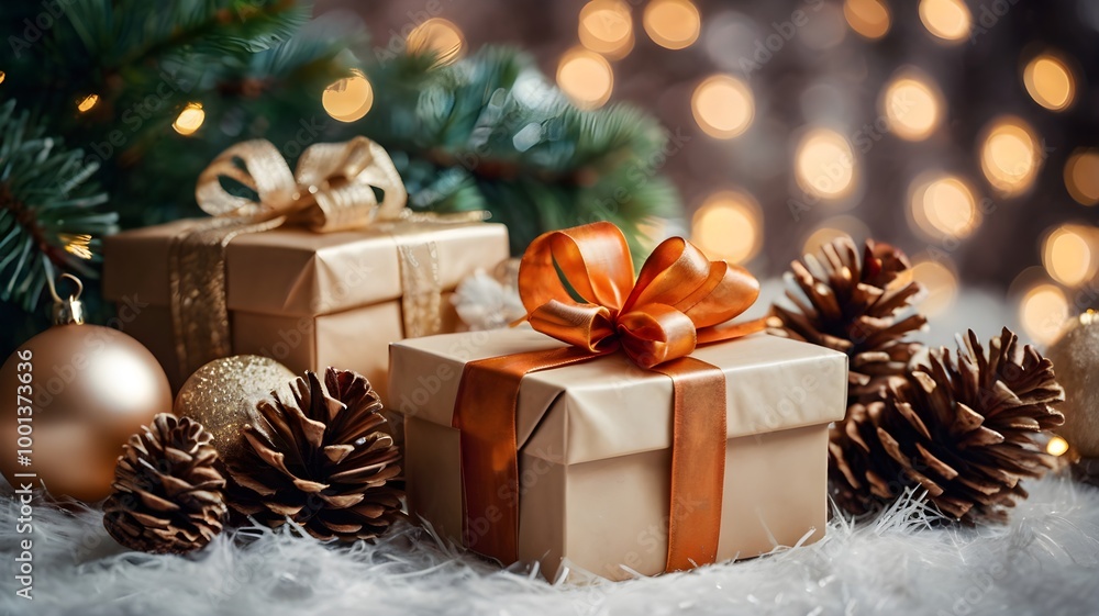 Christmas and new year background - gift boxes and pine cones and branches. Christmas and new year background - gift boxes and pine cones and branches.